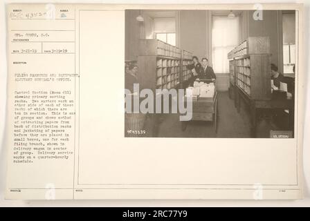 Abbildung 111-SC-43539 zeigt CPL. Combs, S.C. macht ein Foto auf 3-19-19. Das Bild zeigt die Sumber-Haufäste und den Geräteraum im Büro des Generalstaatsanwalts. Der Kontrollbereich in Raum 451 zeigt primäre Sortiergestelle an. In diesem Abschnitt befinden sich zehn Racks mit jeweils zwei Sortierern, die auf der gegenüberliegenden Seite arbeiten. Das Bild zeigt den Prozess, bei dem Papier aus der Rückseite der Verteilergestelle entnommen und in kleine Kartons eingelegt wird, eine für jede Abladestelle. Diese Kartons werden dann in den Lieferwagen in der Mitte des Fotos gelegt. Der Lieferservice oper Stockfoto