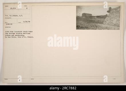 Pvt. W. J. Beach hat dieses Foto (Nummer 111-SC-33574) am 10. November 1918 in einem Personenzug durch Sur Tille, Cote d'Or, Frankreich, aufgenommen. Das Bild zeigt amerikanische Spuren und Lagerhäuser in der Gegend. Diese Beschreibung wurde mit dem Symbol E herausgegeben und entspricht dem Fotografen RECO 33.574 (3288-V8). Stockfoto