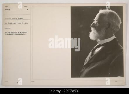 Bild von Generalmajor A.W. Greely, USA Pensioniert, aufgenommen in Washington, D.C. Das Foto wurde vom Signalkorps aufgenommen und hat die Nummer 68477. Die Referenz der Beschreibung ist „RECO 3-19-1921“, was das Datum angibt, an dem sie empfohlen und im März 1921 aufgenommen wurde. Das an das Bild angehängte Symbol ist „188LED A.“ zusätzlicher Hinweis: Referenz 48476. Stockfoto