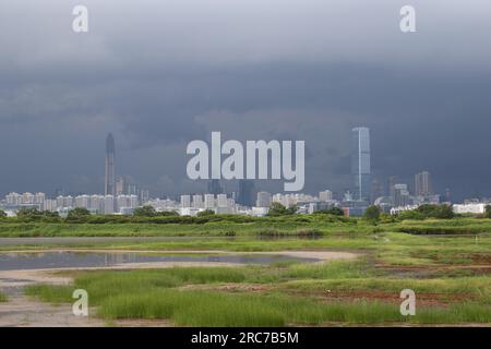 Blick auf die nördlich gelegene Grenzlandschaft mit Sturmwolken über Shenzhen City (Provinz Guangdong), Blick vom Mai Po Naturschutzgebiet, Hongkong, China Stockfoto