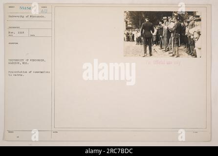 Kadetten an der University of Wisconsin in Madison erhalten ihre Provisionen auf diesem Foto vom November 1918. Das Foto wurde von einem Fotografen der University of Wisconsin aufgenommen und ist nur für den offiziellen Gebrauch gekennzeichnet. Die genaue Position und zusätzliche Details werden nicht in der Überschrift angegeben. Stockfoto