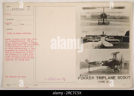 Auf diesem Foto ist ein Fokker Triplane Scout Typ Dri.1 abgebildet. Das Flugzeug ist mit einem Siemens-Schuc hert 160-ps-Drehmotor ausgestattet. Es hat 2 Spandau Maschinengewehre, die fixiert und synchronisiert sind, um durch den Propeller zu schießen. Das Flugzeug hat keine Schutzpanzerung. Er ist bekannt für seine bemerkenswerte Kletterfähigkeit und greift oft von unten an. Seine Tauchfähigkeiten sind nicht so stark, aber seine allgemeine Manövrierfähigkeit ist ziemlich gut. Das Bild ist mit „nur zur offiziellen Verwendung“ gekennzeichnet. Stockfoto