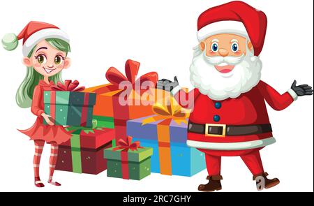 weihnachtsmann und süße Elfe Lieferung Geschenkbox Illustration Stock Vektor