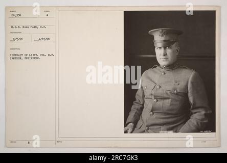 Oberstleutnant E.F. Cameron, der zur Abteilung Engineers gehört, ist auf diesem Foto dargestellt, das am 7. September 1920 in Keen Polk, South Carolina, aufgenommen wurde. Das Bild trägt die Identifikationsnummer 68.336 M.S.E. Es ist ein formelles Porträt des Offiziers, aufgenommen am 15. April 1920. Das Foto trägt das Beschreibungssymbol A und wurde mit der Katalognummer 3-0005 herausgegeben. Stockfoto