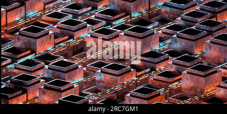 Futuristische Stadt bei Nacht, Stadt der Zukunft ist mit einem Netz von Verbindungen bedeckt, Konzept des Informationstransfers 3D Illustration Stockfoto