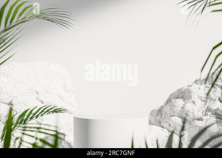 Leere weiße Podiumplattformen oder Sockel mit weißem Hintergrund für die Produktpräsentation und grüne Palmenblätter. Leer steht für Vorführung oder Präsentation von Produkten Stockfoto