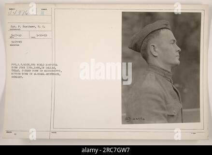 Bildunterschrift: PVT. J.S. Bice, geboren am 17. Juni 1889 in Dallas, Texas, eines in Mississippi geborenen Vaters und einer in Alabama geborenen Mutter. Das Foto wurde in Andernach aufgenommen. Fotograf: Sgt. P. Buettner, S.C. Datum: 27. März 1919. Bildnummer: 44976. Stockfoto