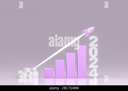 2024 Neujahr. Reaktives schnelles Wachstum der Wirtschaftsindikatoren im Jahr 2024. Wachstumsdiagramm und Zielerreichung. Wirtschafts- und Finanzwachstum im Jahr 2024. 3D illu Stockfoto