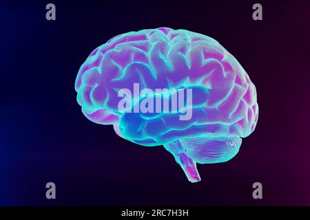Ein leuchtendes Neonhirnmodell. Deep Learning, maschinelles Lernen und künstliche Intelligenz, KI-Technologie, Denkkonzept. 3D-Rendering Stockfoto