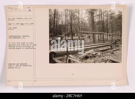 Panorama des Camp Humphreys, Virginia, aufgenommen am 27. Mai 1918, in dem der Fortschritt der Barackengebäude festgehalten wird. Die Abbildung zeigt eine Reihe von Gebäuden, die sich jeweils in unterschiedlichen Fertigstellungsstadien befinden. Das Foto wurde zensiert und am 3. Juni 1918 von der Historical Branch of the war Plans Division veröffentlicht. Stockfoto