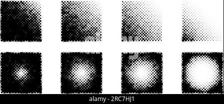Quadratische Halbtonverläufe festgelegt. Gepunktete texturierte Würfel Kollektion. Runder und linearer Farbverlauf im Comic- und Pop-Art-Stil. Paket mit schwarzen Designelementen. Verpixeltes Hintergrundpaket. Vektor Stock Vektor