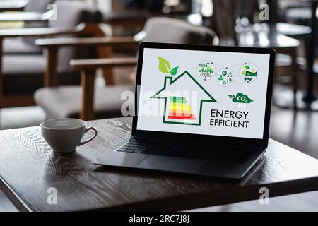 Energieeffizienz Mobile App auf dem Bildschirm man-Saving Energiediagramm Kosteneffizienz Kalkulator Geldindustrie auf Computerkonzept Ökologie nachhaltig Stockfoto