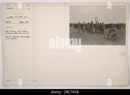 Bild aus Camp Devens, Ayer, Massachusetts während des Ersten Weltkriegs. General Edwards inspiziert die Fahnenschützer, Nummer 69.201, mit Sergeant Joe Hitz. Fotografiert von 8424,20 und beschrieben von Symbol 1920. Dieses Foto wurde von Camp Devens, Ayer, Mass herausgegeben und zeigt ein Infanterielager für R.O.T.C. Soldaten. Hinweise geben die Kennung als 2069201 an. Stockfoto