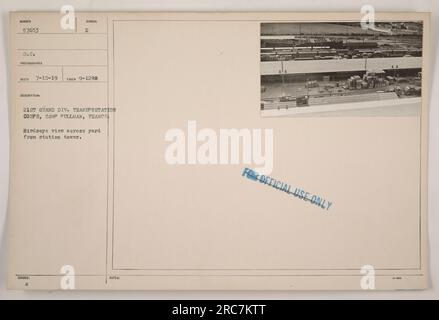 Vogelperspektive auf den Transportplatz des Camp Pullman in Frankreich. Dieses Bild wurde von einem Fotografen der Grand Div. 21. aufgenommen Transportkorps. Das Foto ging am 15. Juli 1919 ein und wurde am 12. September 1918 aufgenommen. Sie ist nur für den offiziellen Gebrauch gekennzeichnet. Stockfoto