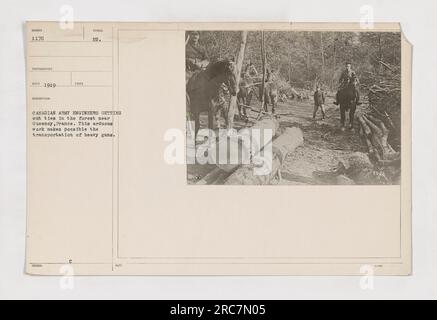 Ingenieure der kanadischen Armee arbeiten im Wald bei Guesney, Frankreich. Sie entfernen Bindungen, um den Transport schwerer Waffen zu erleichtern. Dieses Foto wurde im Jahr 1919 aufgenommen und ist Teil der Fotosammlung, die amerikanische Militäraktivitäten während des Ersten Weltkriegs zeigt BU, SOF @150 FOB8. Stockfoto