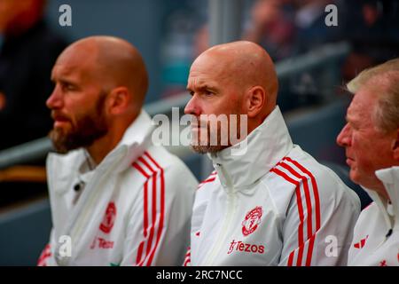 Oslo, Norwegen, 12. Juli 2023. Manchester United Manager Erik Ten Hag vor dem Spiel zwischen Manchester United und Leeds United im Ullevål Stadion in Oslo. Kredit: Frode Arnesen/Alamy Live News Stockfoto