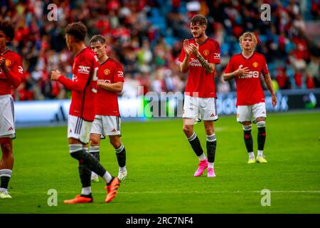 Oslo, Norwegen, 12. Juli 2023. Joe Hugill von Manchester United nach dem Spiel zwischen Manchester United und Leeds United im Ullevål-Stadion in Oslo. Kredit: Frode Arnesen/Alamy Live News Stockfoto