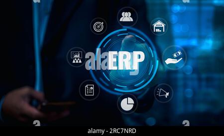 Hand-Touch-Symbol ERP Enterprise Resource Planning System Cloud-Integration, -Automatisierung und -Analyse Finanzmanagement, Buchhaltung, Supply Chain ma Stockfoto