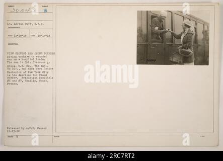 Amerikanische Rote-Kreuz-Arbeiter liefern Kekse an verwundete Soldaten CPL. Clarence L Gross in einem Krankenhauszug. CPL. Gross ist von M.G. Co., 7. Inf., 3D Div., während Miss Mary Louise Rochester aus New York City als Freiwillige des Roten Kreuzes dient. Die Szene findet in Souilly, Maas, Frankreich statt. Bild veröffentlicht von A.E.P. Zensor auf 12-23-18. Stockfoto