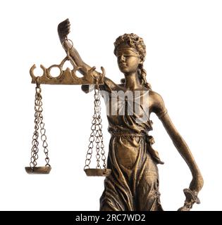Die Statue von Lady Justice, isoliert auf Weiß. Symbol für faire Behandlung nach dem Gesetz Stockfoto