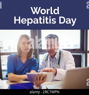 Zusammensetzung des World Hepatitis Day Textes über Kaukasierärzte mit Tablette Stockfoto