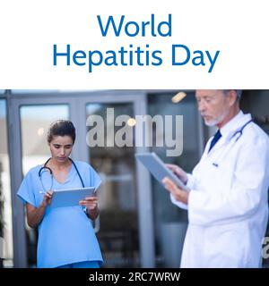 Zusammensetzung des World Hepatitis Day Text über Kaukasier-Ärzte Stockfoto