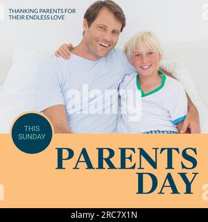 Elterntag diesen sonntag Text auf Orange mit Porträt von glücklichem weißem Vater und Sohn zu Hause Stockfoto