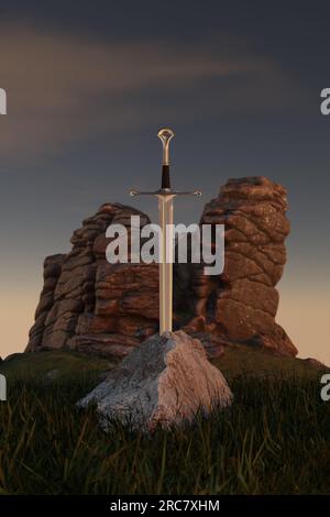 Schwert excalibur in Stein in den Bergen. Mittelalterlicher Schwertkönig Artus, der in den Fels getrieben wurde, Märchen. 3D-Rendern Stockfoto