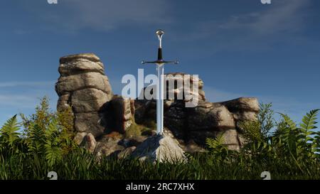 Schwert excalibur in Stein in den Bergen. Mittelalterlicher Schwertkönig Artus, der in den Fels getrieben wurde, Märchen. 3D-Rendern Stockfoto
