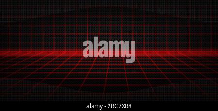 Rotes Laserraster, Cyber, neue Retrowelle 3D, Hintergrund. Neon-Digitalraum mit Vaporwave und quadratischem Zelldrahtmodell. Futuristisches Retro-Mesh-Muster w Stock Vektor