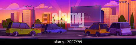 Autokino mit Auto auf Sunset-Cartoon-Vektor. Leinwand im Freien auf Auto-Parkplatz unter violettem und orangefarbenem Himmel mit Sonnenstrahl. Außen Open Air en Stock Vektor