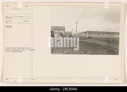 Sergeant A. L. Villanova vom Signalkorps hat dieses Foto am 27. März 1919 auf der Empfangsstation der Basiskrankenhäuser 88 und 53 in Langres, Haute Marne, Frankreich, aufgenommen. Das Bild hat die Nummer 45095 und wurde am 8. Januar 1919 aufgenommen. Es bietet einen Einblick in die Szene rund um die Krankenhausstation. Stockfoto