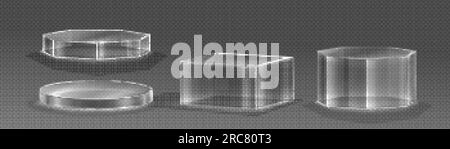 transparenter Ständer aus 3D-Glas, Podium-Display-Box auf Hintergrund isoliert. Leere Kristallplattform für Produktpräsentation oder -Präsentation. Mini Stock Vektor