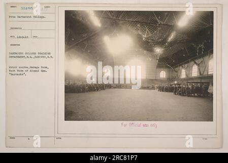 Dartmouth College Training, N.A., mit Sitz in Hannover, New Hampshire. Dieses Foto zeigt die Motorbahn, die im Garagenraum im West Room des Alumni Gym stattfindet. Der Ort wird als „Baracke“ bezeichnet. Dieses Bild wurde am 9. Dezember 1918 von einem Fotografen vom Dartmouth College aufgenommen. Es ist nur für den offiziellen Gebrauch vorgesehen. Stockfoto