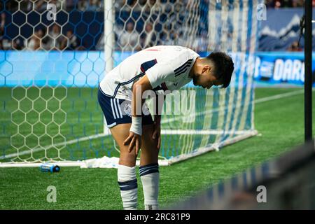 Vancouver, Kanada. 12. Juli 2023. Vancouver, British Columbia, Kanada, Juli 12. 2023: Ryan Raposo (27 Vancouver Whitecaps FC) reagiert auf ein verpasstes Tor während des Major League Soccer-Spiels zwischen dem Vancouver Whitecaps FC und dem Austin FC im BC Place Stadium in Vancouver, British Columbia, Kanada (NUR REDAKTIONELLE VERWENDUNG). (Amy Elle/SPP) Guthaben: SPP Sport Press Photo. Alamy Live News Stockfoto