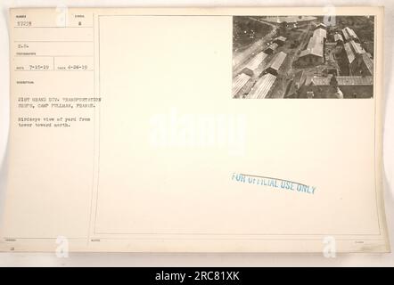 Blick aus der Vogelperspektive auf den Hof von Camp Pullman, Frankreich, Teil der 21. Grand Div Transportkorps. Das Foto wurde von einem Turm in Richtung Norden aufgenommen. Das Bild ist ein offizielles Foto, das am 15. Juli 1919 aufgenommen wurde, mit dem Symbol des Fotografen „B RECO“. Stockfoto
