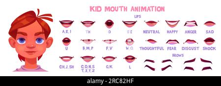 Junge-Kind-Figur-Motivanimations-Cartoon-Vektor. Sync Talk englisch Buchstabenaussprache Bauvorlage Set mit fröhlichen und traurigen Emotionsausdrücken Stock Vektor