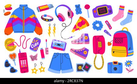 Klassische 80s 90s-Elemente in modernem Stil, flacher Linienlook. Handgezeichnete Vektordarstellung. Modeaufnäher, Abzeichen, Emblem. Stock Vektor