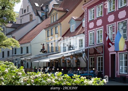 Der Livu-Platz (Līvu laukums) ist umgeben von attraktiven bunten Gebäuden, Cafés, Restaurants und Blumenbeeten in der Altstadt von Riga Stockfoto