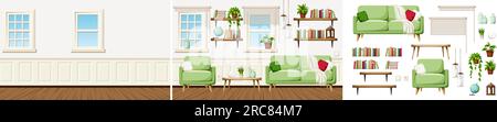 Wohnzimmereinrichtung mit Sofa, Sessel, Tisch und Bücherregalen. Leeres Zimmer und Möbelset. Innenkonstruktor. Cartoon-Vektor Stock Vektor