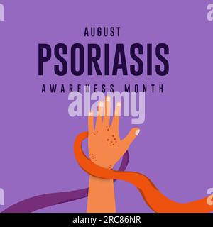 Das Konzept des Psoriasis-Sensibilisierungsmonats. Orangefarbene und violette Farbbänder sind auf violettem Hintergrund isoliert. Webbanner-Design für Poster. Stock Vektor