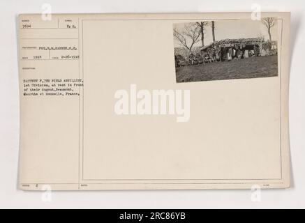 Batterie F der 7. Field Artillery liegt in Beaumont, Frankreich. Das Foto wurde 1919 von Pvt. R. M. Barnes aufgenommen. Diese Batterie gehörte der 1. Division und war in Meurthe und Moselle stationiert. Stockfoto