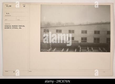 Soldaten im Chemischen Kriegsdienst in Edgewood Arsenal, Maryland, während des Ersten Weltkriegs. Die Soldaten sind abgebildet, die Übungen im Zusammenhang mit der chemischen Kriegsführung durchführen. Stockfoto