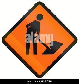 Indonesisches vorübergehendes Verkehrswarnzeichen: Arbeiter auf der Straße voraus. Stockfoto