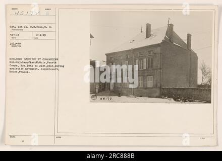 Gebäude belegt von Generalmajor Charles E. Muir, Viertes Korps während der Waffenstillstandsbewegung in Joppercourt, Mause, Frankreich, vom 19. Bis 21. November 1918. Das Foto wurde von Sergeant C.E. Dunn gemacht. Stockfoto