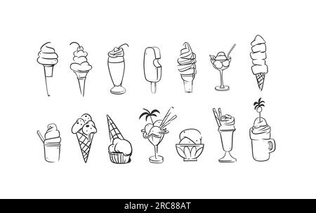 Handgezeichneter Vektor abstrakter Cartoon Eis Krabbenkonus, Eislinie Art Illustrations-Set. Eiscreme Dessert Vektor-Illustration Designkonzept. Schimpfkost Stock Vektor