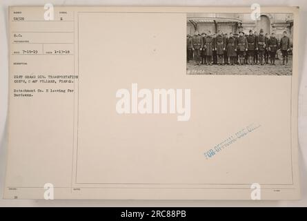 Mitglieder von Detachment Co H vom 21. Transportkorps der Grand Division in Camp Pullman, Frankreich, mit Abflug nach Bordeaux. Dieses Foto wurde am 17. Januar 1918 aufgenommen und ist mit dem Symbol und den Hinweisen des Fotografen nur für den offiziellen Gebrauch gekennzeichnet. Stockfoto