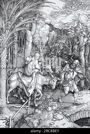 Aus dem Leben der Jungfrau, dem Flug nach Ägypten, dem Holzschnitt von Albrecht Dürer, der historischen, digitalen verbesserten Reproduktion eines alten Holzschnitts Stockfoto