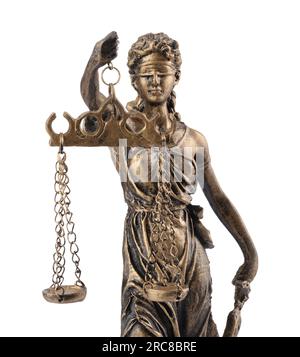Die Statue von Lady Justice, isoliert auf Weiß. Symbol für faire Behandlung nach dem Gesetz Stockfoto