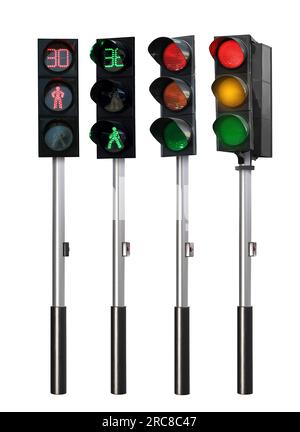 Verschiedene Ampeln mit Masten auf weißem Hintergrund, Collage-Design Stockfoto
